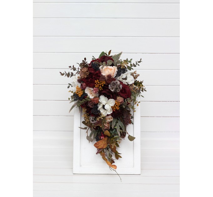 Cascade and Classic Bridal Bouquets – Burgundy, Ivory, and Brown Faux Flowers