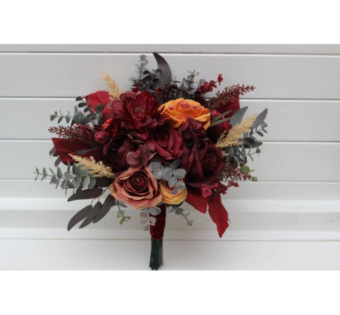 Wedding Bouquets in Rust, Burgundy & Cinnamon | Cascading Bridal & Bridesmaid Faux Bouquets