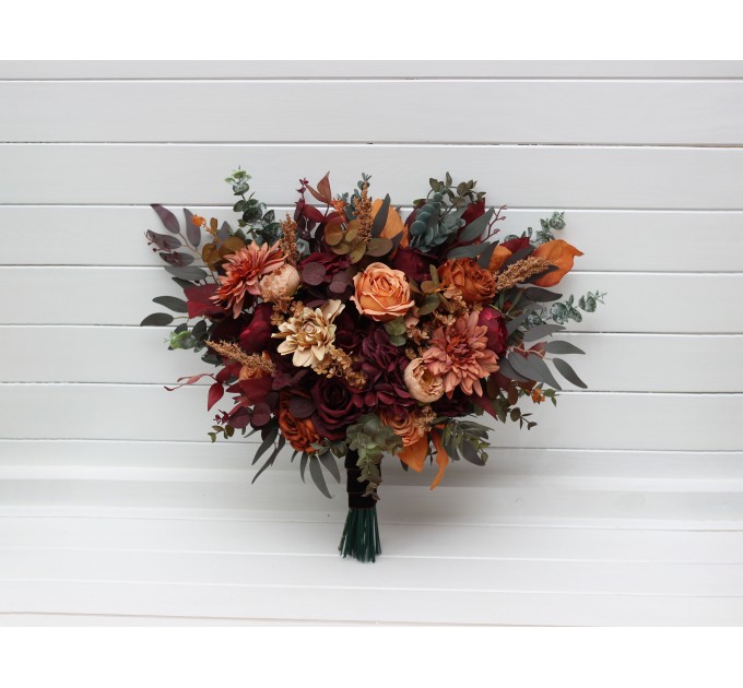 Burgundy, Orange, Rust & Brown Bridal Faux Bouquet | Fall Wedding Flowers