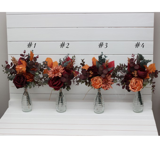 Mini bouquets for vases in burgundy orange rust brown color scheme. Flowers for wedding decor. Table flowers. Centerpiece. 5330