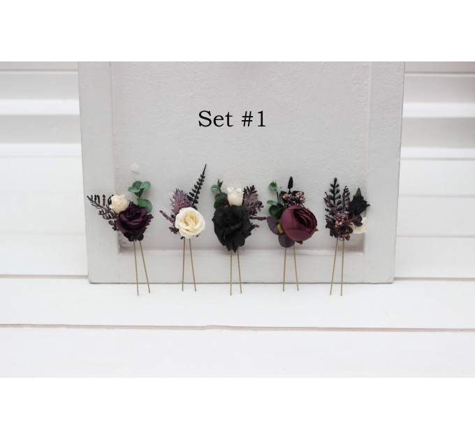 Set of 5 Hair Pins in Purple, Black, Ivory & Green | Faux Flower Wedding Hair Accessories