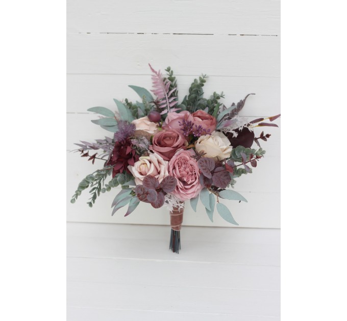 Bridal Cascade Bouquet in Mauve, Purple & Beige | Faux Wedding Flowers for Bridesmaid Bouquet