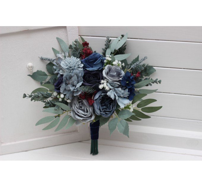 Navy Blue, Dusty Blue, Burgundy & Sage Green Wedding Bouquets | Faux Bridal & Bridesmaid Flowers