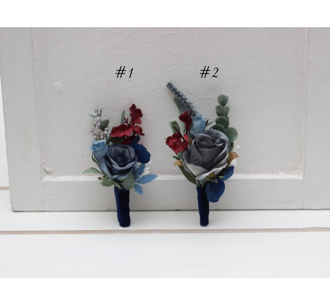 Wedding boutonnieres and wrist corsage in navy blue dusty blue burgundy sage green color scheme. Flower accessories. 5332