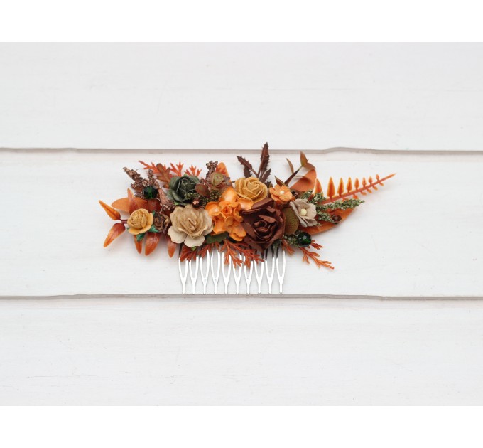 Flower comb in terracotta rust orange color scheme. Wedding accessories for hair. Bridal flower comb. Bridesmaid floral comb. 5331