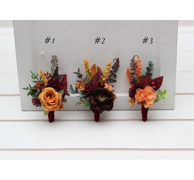 Wedding Boutonnieres & Wrist Corsage in Rust, Burgundy, Cinnamon & Orange | Faux Flower Accessories