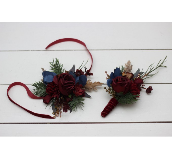 Wedding Boutonnieres & Wrist Corsage in Burgundy, Navy Blue & Gold | Faux Flower Accessories
