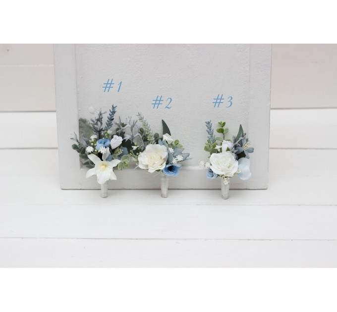 Wedding Boutonnieres & Wrist Corsage in Sky Blue & White | Faux Flower Accessories