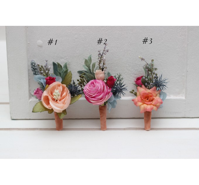 Wedding Boutonnieres & Wrist Corsage in Magenta, Peach, Coral & Dusty Blue | Faux Flower Accessories