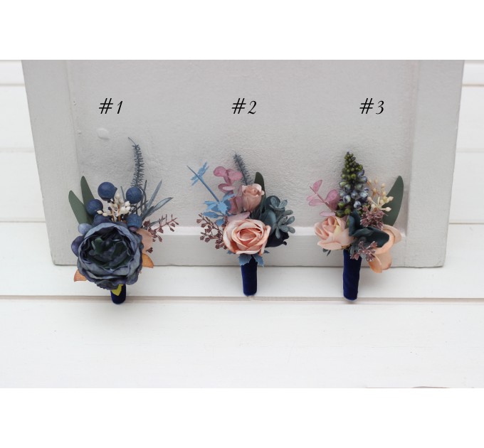 Wedding boutonnieres and wrist corsage in navy blue dusty rose color scheme. Flower accessories. 5245