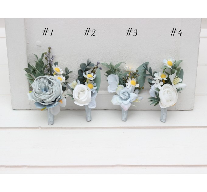 Wedding boutonnieres and wrist corsage in white sky blue color scheme. Flower accessories. 5253