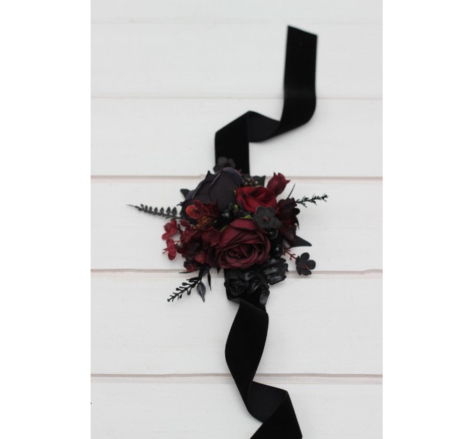 Wedding boutonnieres and wrist corsage in black and burgundy color scheme. Flower accessories. Pocket boutonniere. 5325