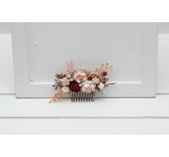 Flower comb in burgundy blush pink color scheme. Wedding accessories for hair. Bridal flower comb. Bridesmaid floral comb. Rustic wedding. 5342