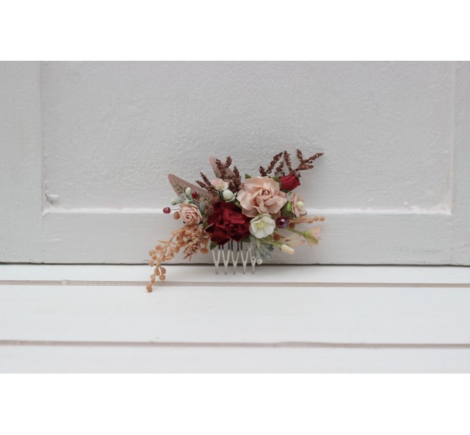 Flower comb in burgundy blush pink color scheme. Wedding accessories for hair. Bridal flower comb. Bridesmaid floral comb. Rustic wedding. 5342