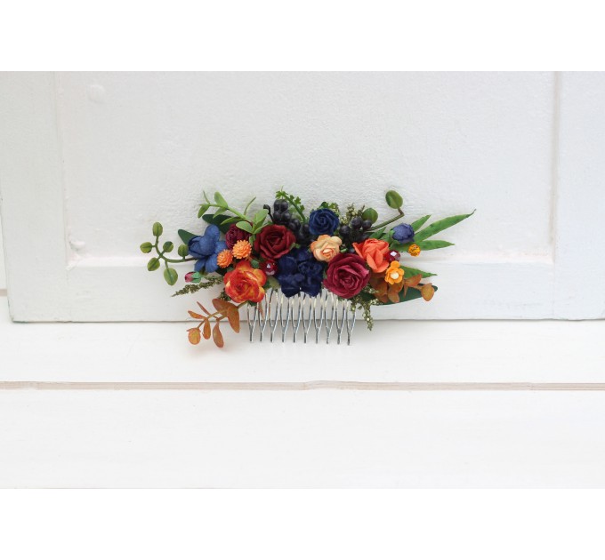 Flower comb in burgundy navy blue and rust color scheme. Wedding accessories for hair. Bridal flower comb. Bridesmaid floral comb. 5343