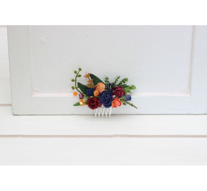 Flower comb in burgundy navy blue and rust color scheme. Wedding accessories for hair. Bridal flower comb. Bridesmaid floral comb. 5343