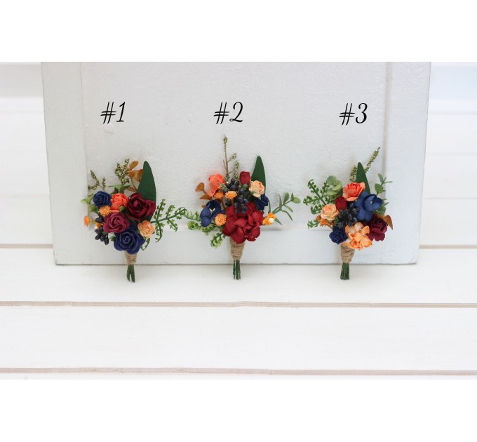 Wedding boutonnieres and wrist corsage in burgundy navy blue and rust color scheme. Flower accessories. 5343