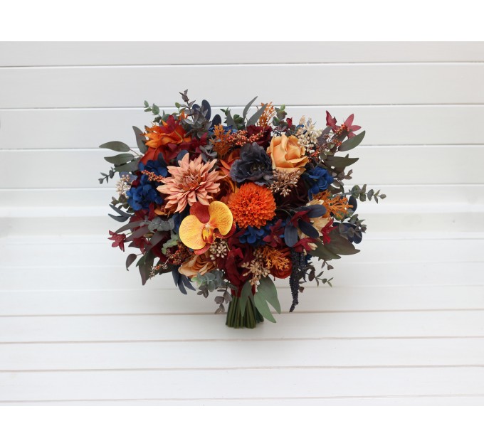 Wedding Bouquets in Rust, Orange, Burgundy & Navy Blue | Cascading Bridal & Bridesmaid Faux Bouquets