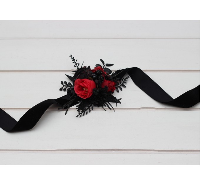 Wedding Boutonnieres & Wrist Corsage in Black & Red | Faux Flower Accessories for Halloween Wedding