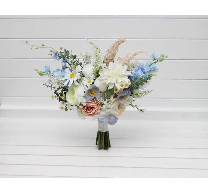 Blue, White & Beige Wedding Bouquet | Faux Wildflower Bridal & Bridesmaid Bouquet