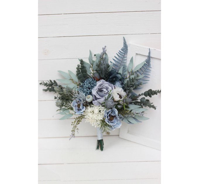 Wedding Bouquets in Dusty Blue, White & Sage Green | Faux Bridal & Bridesmaid Bouquets