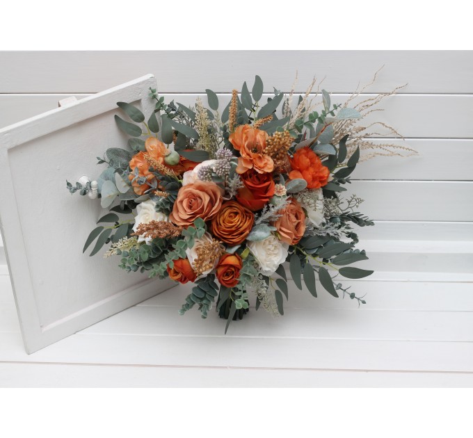 Wedding Bouquets in Burnt Orange, Ivory & Sage Green | Faux Bridal & Bridesmaid Bouquets