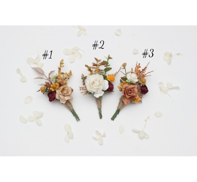 Boutonnieres in Terracotta Mustard Burgundy Ivory Colors/ Wedding flowers