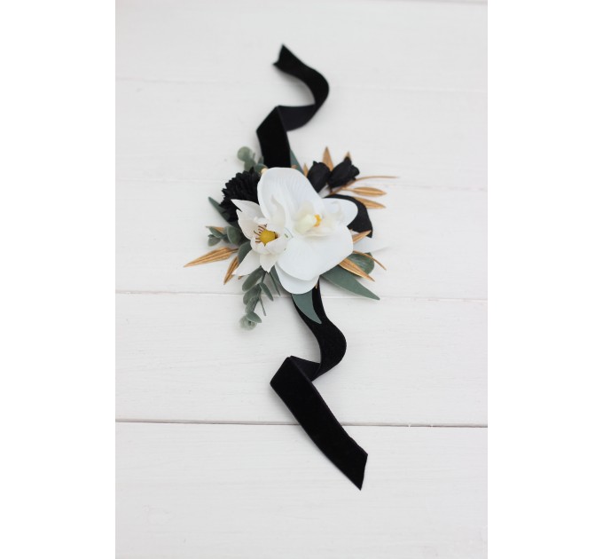 Wedding Boutonnieres & Wrist Corsage in Black, Gold & White | Faux Flower Accessories