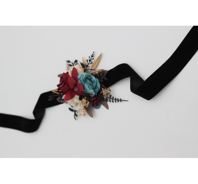 Wedding Boutonnieres & Wrist Corsage in Dark Teal, Burgundy, Black & Cream | Faux Flower Accessories