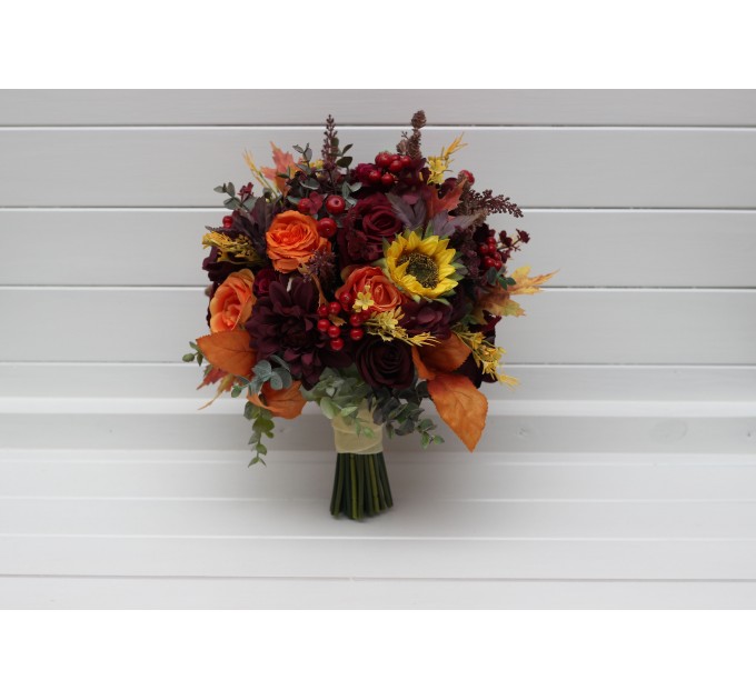 Burgundy, Orange & Purple Sunflower Bridal Bouquet | Faux Fall Wedding Flowers