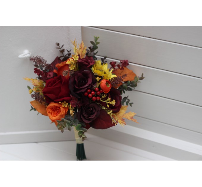 Burgundy, Orange & Purple Sunflower Bridal Bouquet | Faux Fall Wedding Flowers