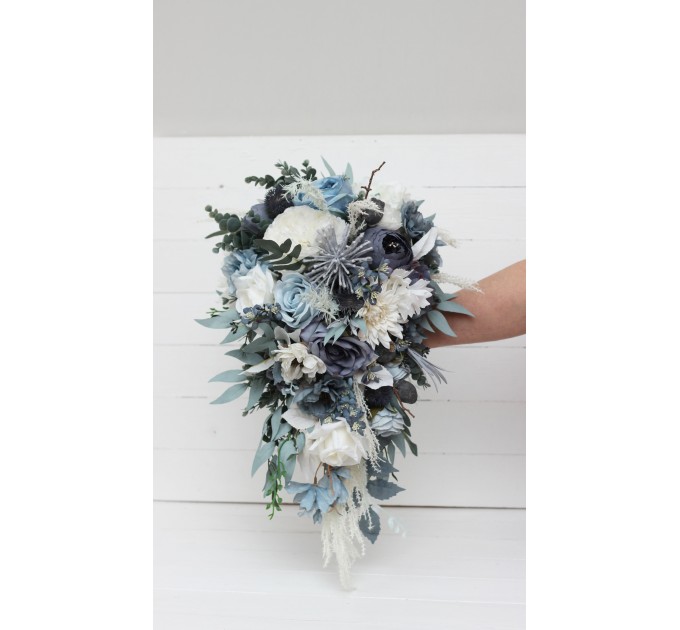 Wedding Bouquets in Dusty Blue & White | Cascading Bridal & Bridesmaid Faux Bouquets