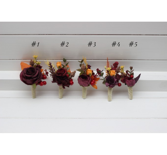 Purple, Burgundy & Orange Sunflower Wedding Boutonnieres & Corsages