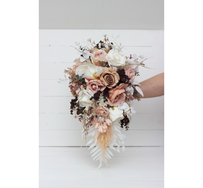 Wedding Bouquets in Beige, White & Brown | Cascading Orchid Bridal & Bridesmaid Faux Bouquets