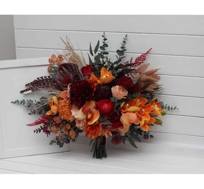 Wedding Bouquets in Burnt Orange, Red & Burgundy | Cascading Bridal & Bridesmaid Faux Bouquets