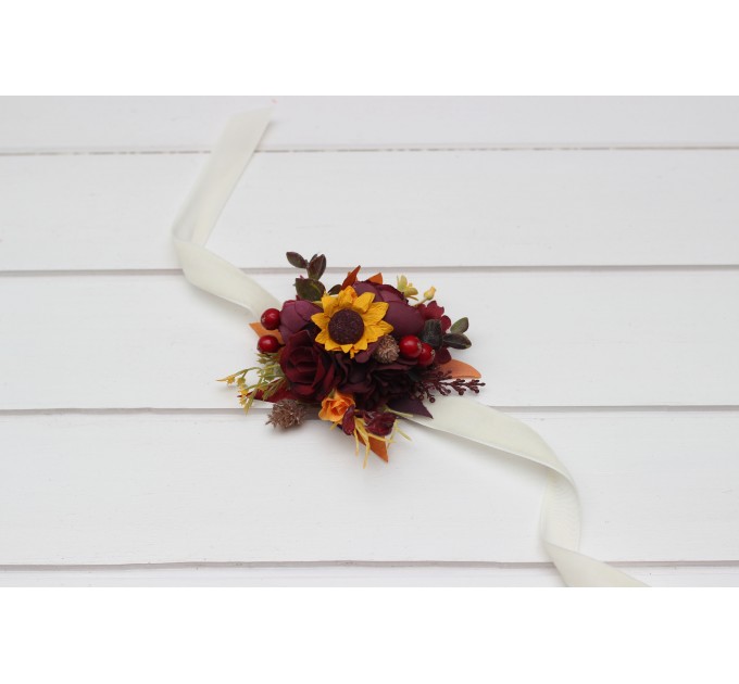 Purple, Burgundy & Orange Sunflower Wedding Boutonnieres & Corsages