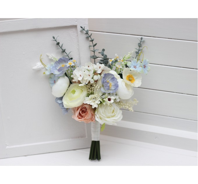 Blue, White & Beige Wedding Bouquet | Faux Wildflower Bridal & Bridesmaid Bouquet