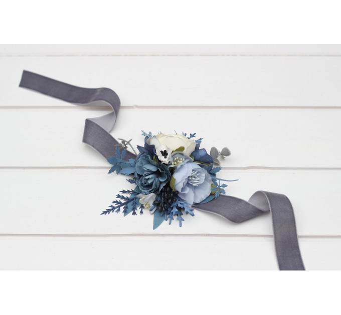 Wedding Boutonnieres & Wrist Corsage in Dusty Blue, White, Ivory & Gray | Faux Flower Accessories