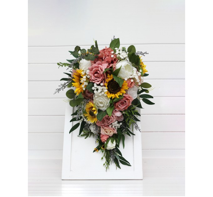 Cascade Bridal Bouquet with Sunflowers in Dusty Rose, White, Yellow & Silver | Artificial Wedding Flowers