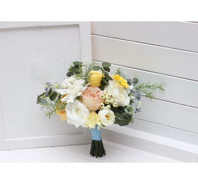 Spring & Summer Wedding Bouquets in Peach, Yellow & Dusty Blue | Faux Cascading Bridal & Bridesmaid Bouquets