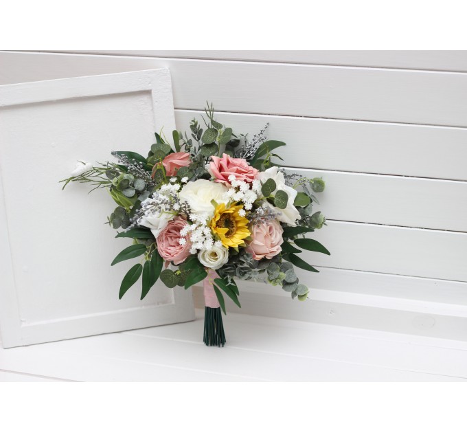 Cascade Bridal Bouquet with Sunflowers in Dusty Rose, White, Yellow & Silver | Artificial Wedding Flowers