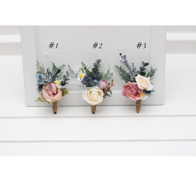 Wedding Boutonnieres & Wrist Corsages in Dusty Mauve, Dusty Blue & Ivory