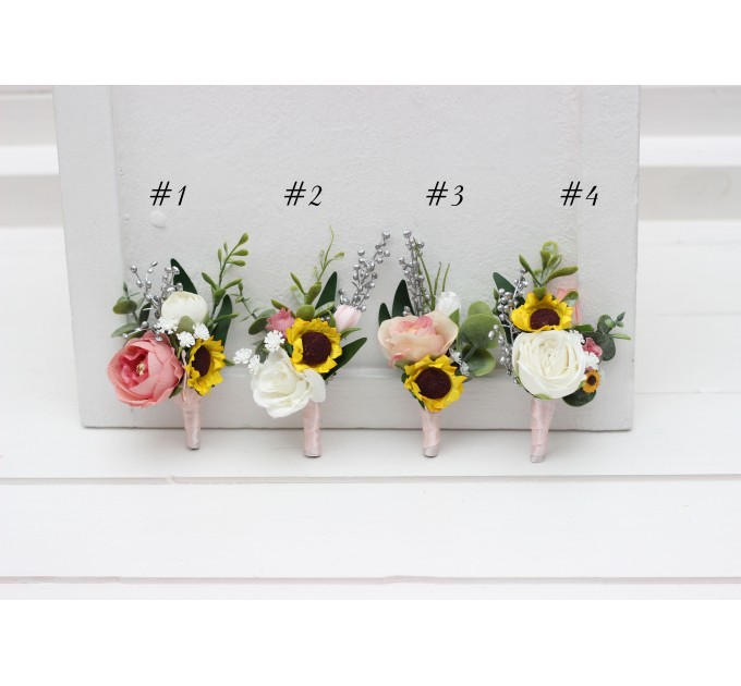 Wedding Boutonnieres & Wrist Corsages in White, Dusty Rose, Silver & Yellow | Sunflowers Wedding Accessories
