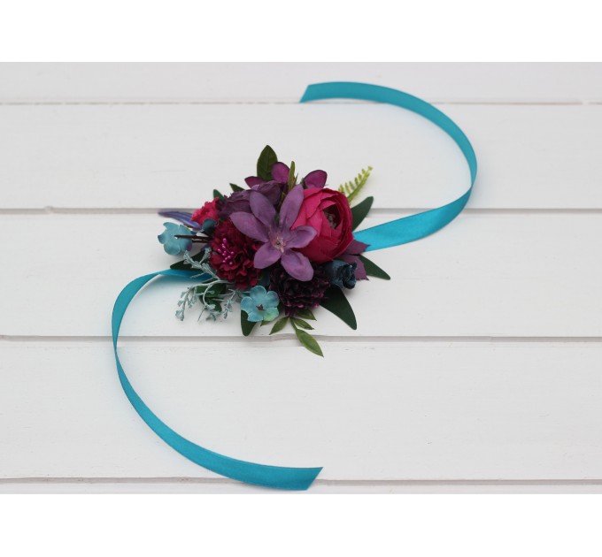 Wedding Boutonnieres & Wrist Corsage in Teal, Magenta, Blue & Purple | Faux Flower Accessories