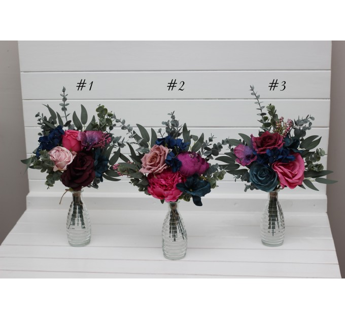 Simple Wedding Table Flowers in Navy Blue, Purple, Magenta & Teal | Mini Vases & Centerpieces