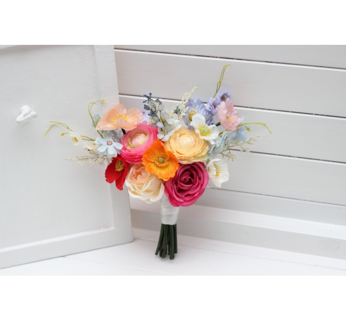 Colorful Bridal Bouquet – Orange, Peach, Dusty Blue, Ivory, and Pink Faux Flowers