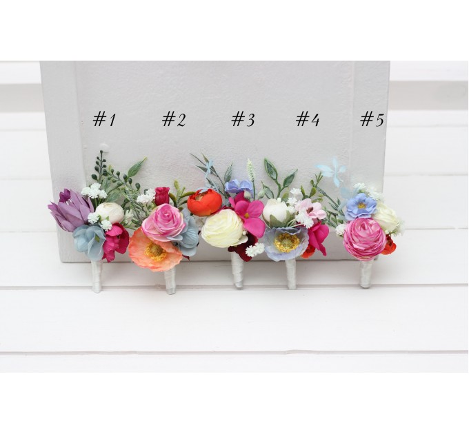 Colorful Wedding Boutonnieres in Orange, Peach, Dusty Blue, Ivory & Pink | Wildflower Buttonholes