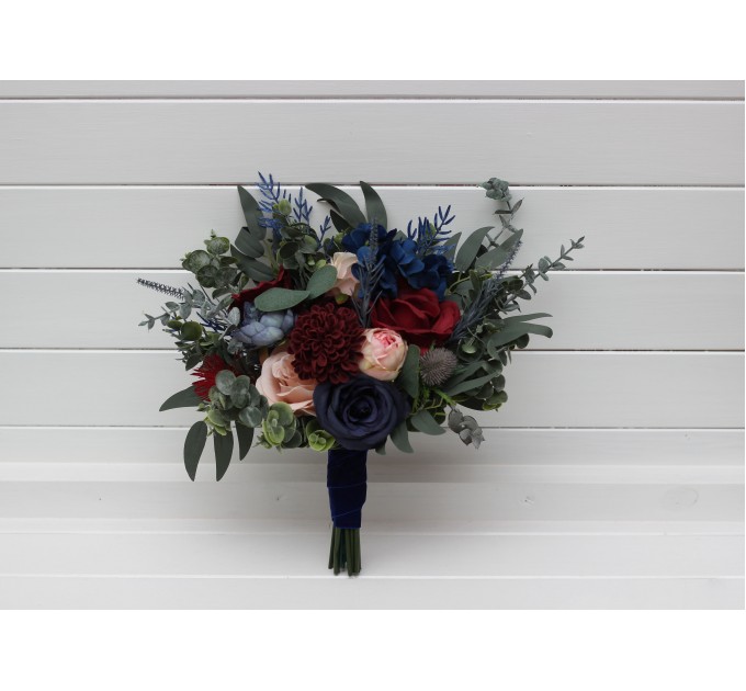 Wedding Bouquets in Burgundy, Navy Blue & Blush Pink | Large Bridal & Cascading Faux Flowers