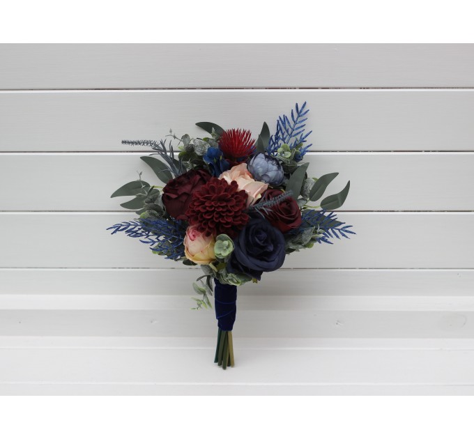 Wedding Bouquets in Burgundy, Navy Blue & Blush Pink | Large Bridal & Cascading Faux Flowers