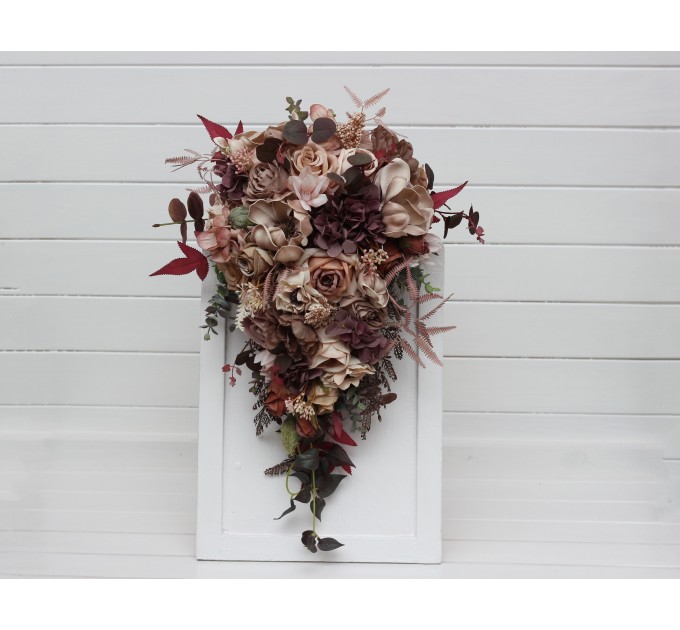 Wedding Bouquets in Beige, Brown, Mocha Mousse & Burgundy | Cascading Faux Bridal & Bridesmaid Bouquets